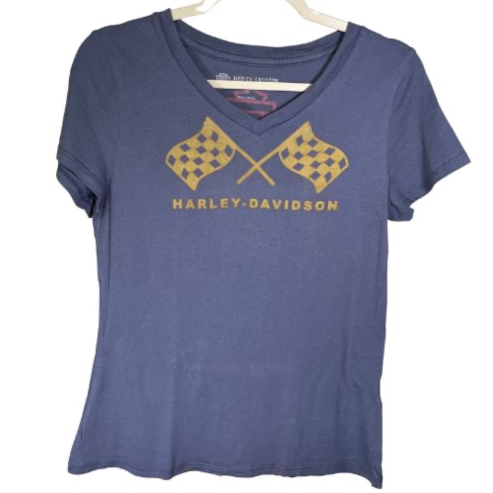 014. Harley-Davidson Women's Dusty Blue Tee Shirt Gold Checkered Flags